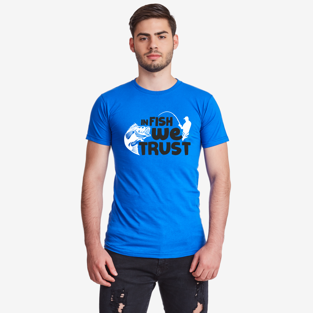 Синя мъжка тениска In Fish We Trust