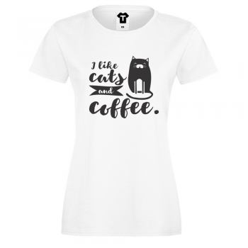 Дамска бяла тениска I like cats and coffee