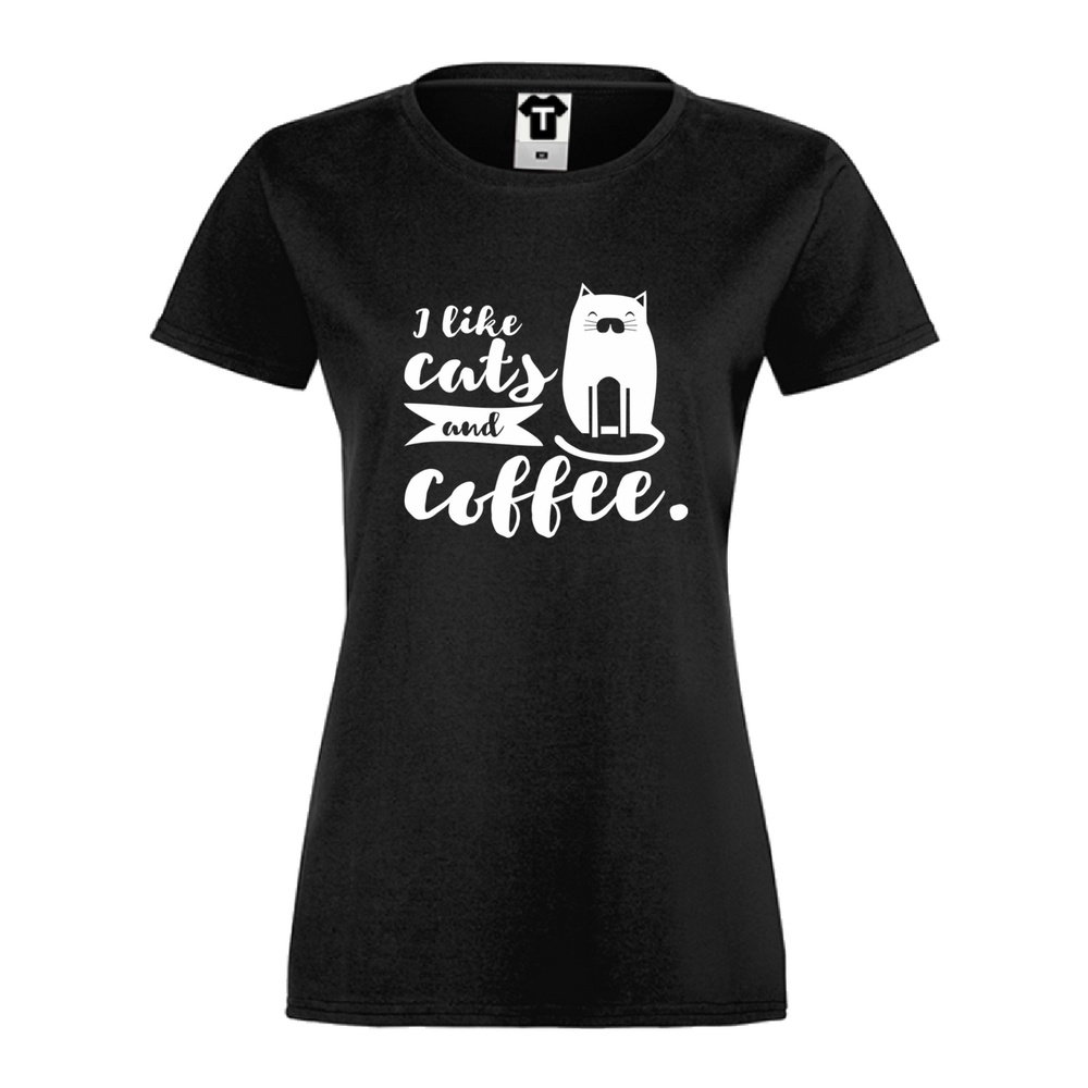 Дамска черна тениска I like cats and coffee