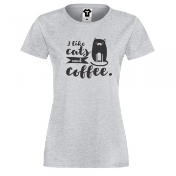 Дамска сива тениска I like cats and coffee Дамска сива тениска I like cats and coffee