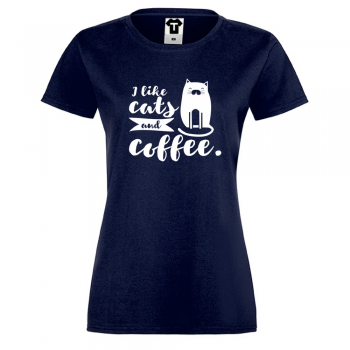Дамска тъмно-синя тениска I like cats and coffee Дамска тъмно-синя тениска I like cats and coffee