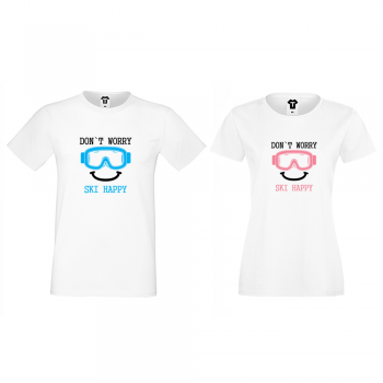 Комплект бели тениски за двойки Don't worry ski happy