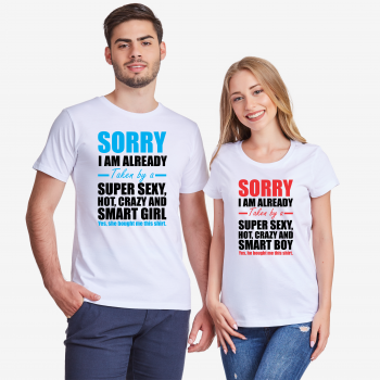 Комплект бели тениски за двойки Taken by Super Sexy, Hot, Crazy and Smart Комплект бели тениски за двойки Taken by Super Sexy, Hot, Crazy and Smart