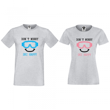 Комплект сиви тениски за двойки Don't worry ski happy