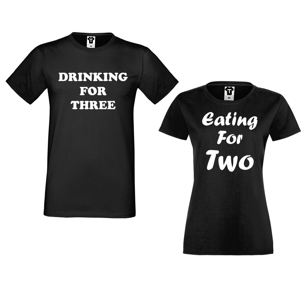 Комплект тениски за двойки в черно Drinking for three and Eating for two