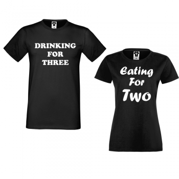 Комплект тениски за двойки в черно Drinking for three and Eating for two Комплект тениски за двойки в черно Drinking for three and Eating for two