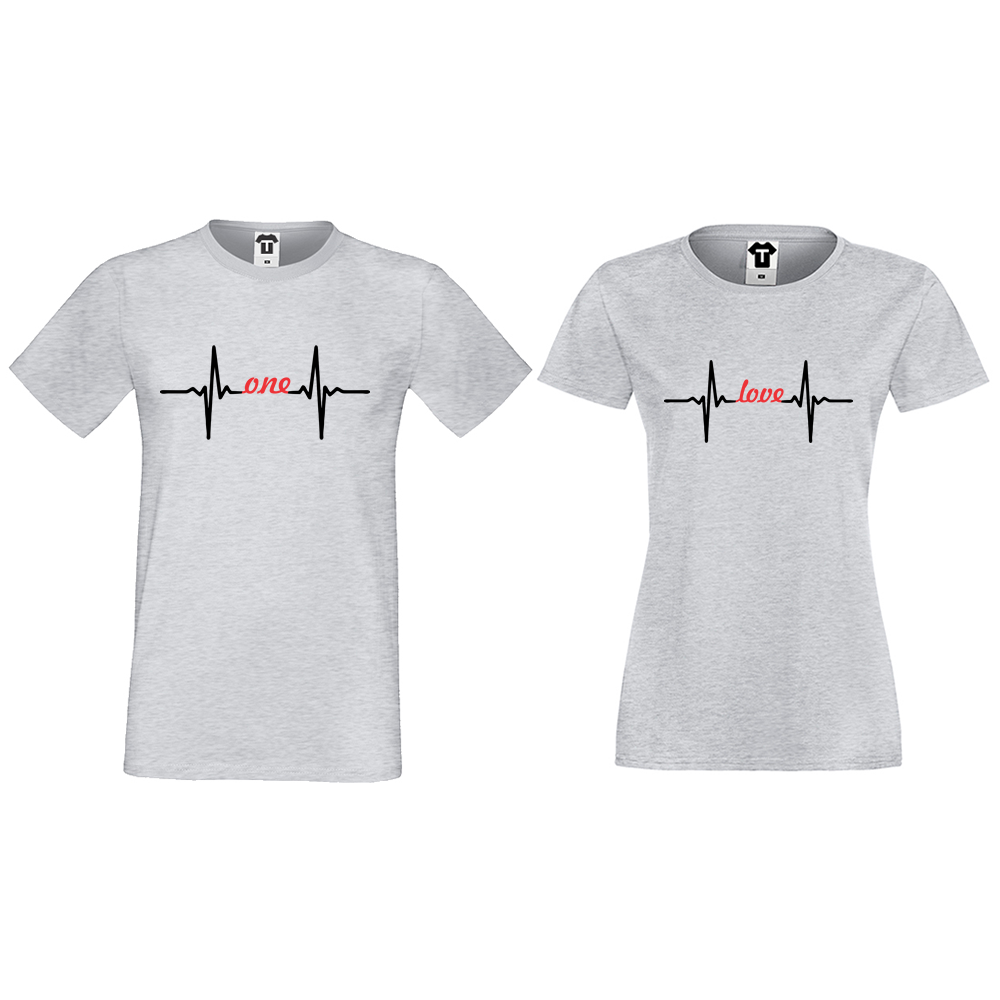 Тениски за двойки в сиво One Love Heartbeat