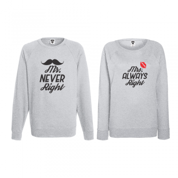 Комплект сиви блузи за двойки Mr Never Right and Mrs Always Right Комплект сиви блузи за двойки Mr Never Right and Mrs Always Right