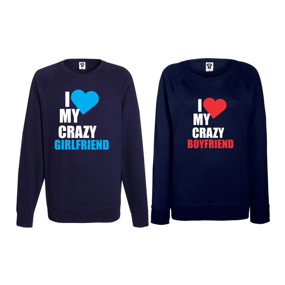 Комплект тъмно-сини блузи за двойки I Love my Crazy BoyFriend