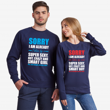 Комплект тъмно-синя блузи за двойки Taken by Super Sexy, Hot, Crazy and Smart