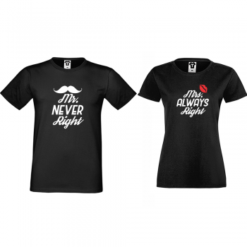 Тениски за двойки в черно Mr Never Right and Mrs Always Right Тениски за двойки в черно Mr Never Right and Mrs Always Right