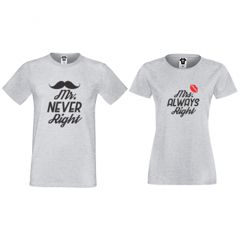 Тениски за двойки в сиво Mr Never Right and Mrs Always Right