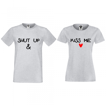 Тениски за двойки в сиво Shut up and Kiss me
