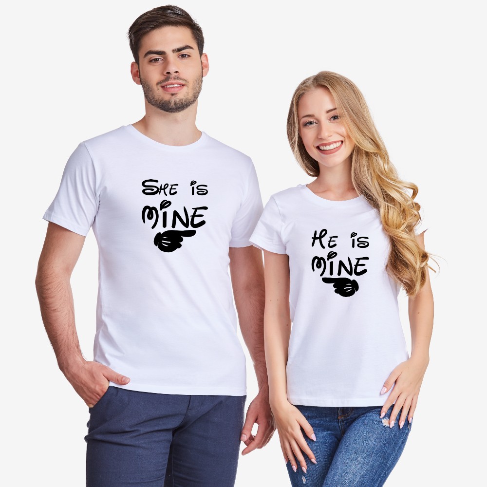 Комплект бели или черни тениски за двойки He is mine - She is mine Комплект бели или черни тениски за двойки He is mine - She is mine