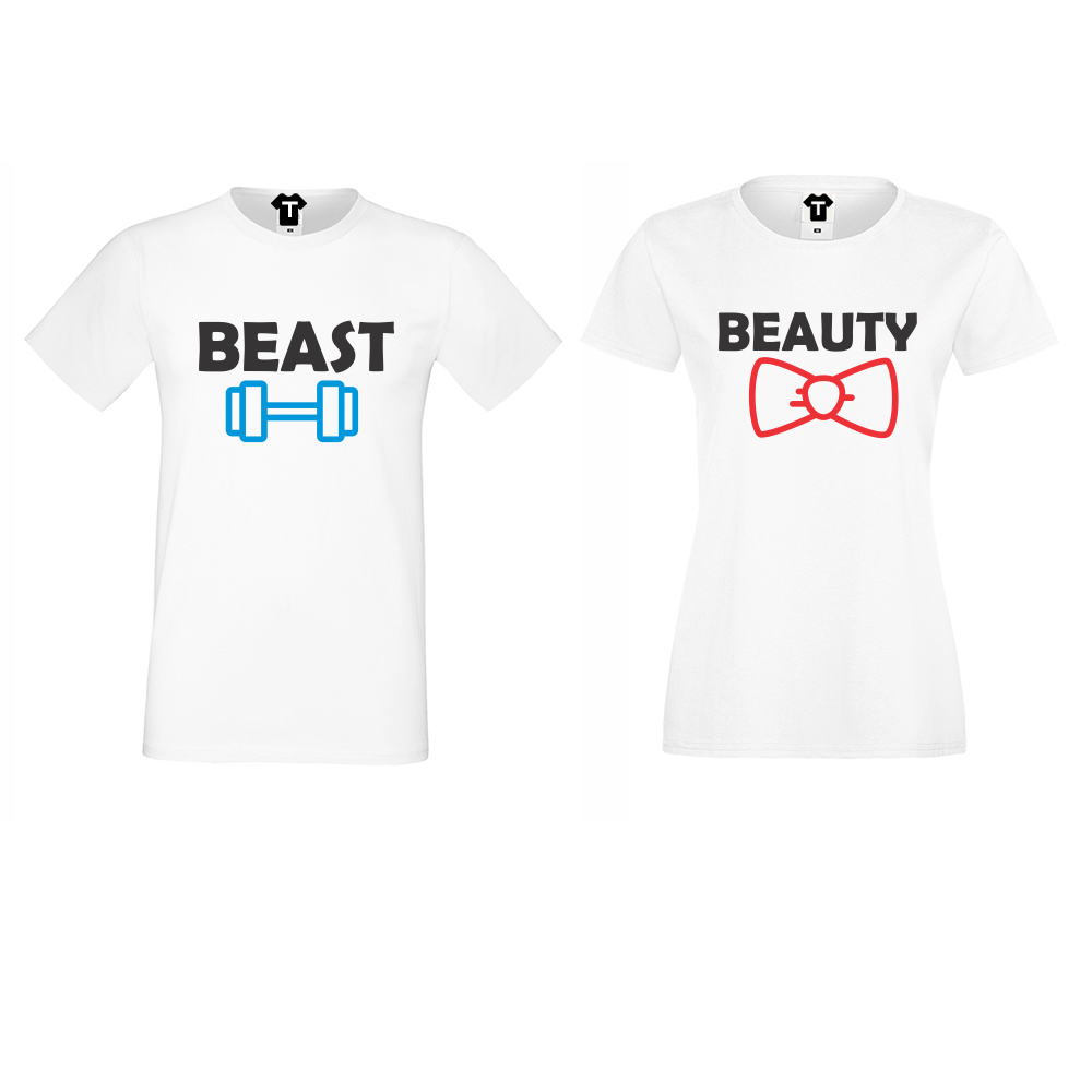 Бели Тениски за двойки Beast and Beauty Бели Тениски за двойки Beast and Beauty