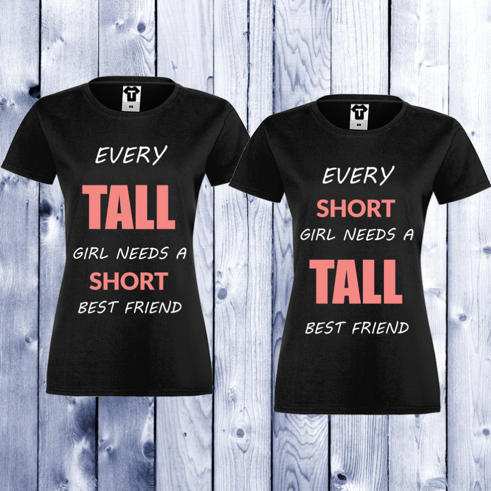 Дамски черни тениски с щампа TALL and SHORT FRIENDS