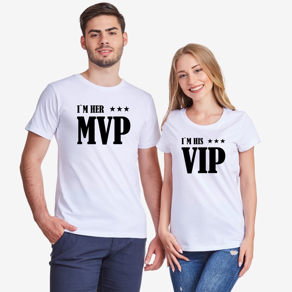 Комплект бели тениски за двойки Her MVP and His VIP Комплект бели тениски за двойки Her MVP and His VIP