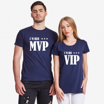 Комплект тениски за двойки в тъмно-синьо Her MVP and His VIP Комплект тениски за двойки в тъмно-синьо Her MVP and His VIP