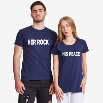 Комплект тениски за двойки в тъмно-синьо Her Rock and His Peace Комплект тениски за двойки в тъмно-синьо Her Rock and His Peace