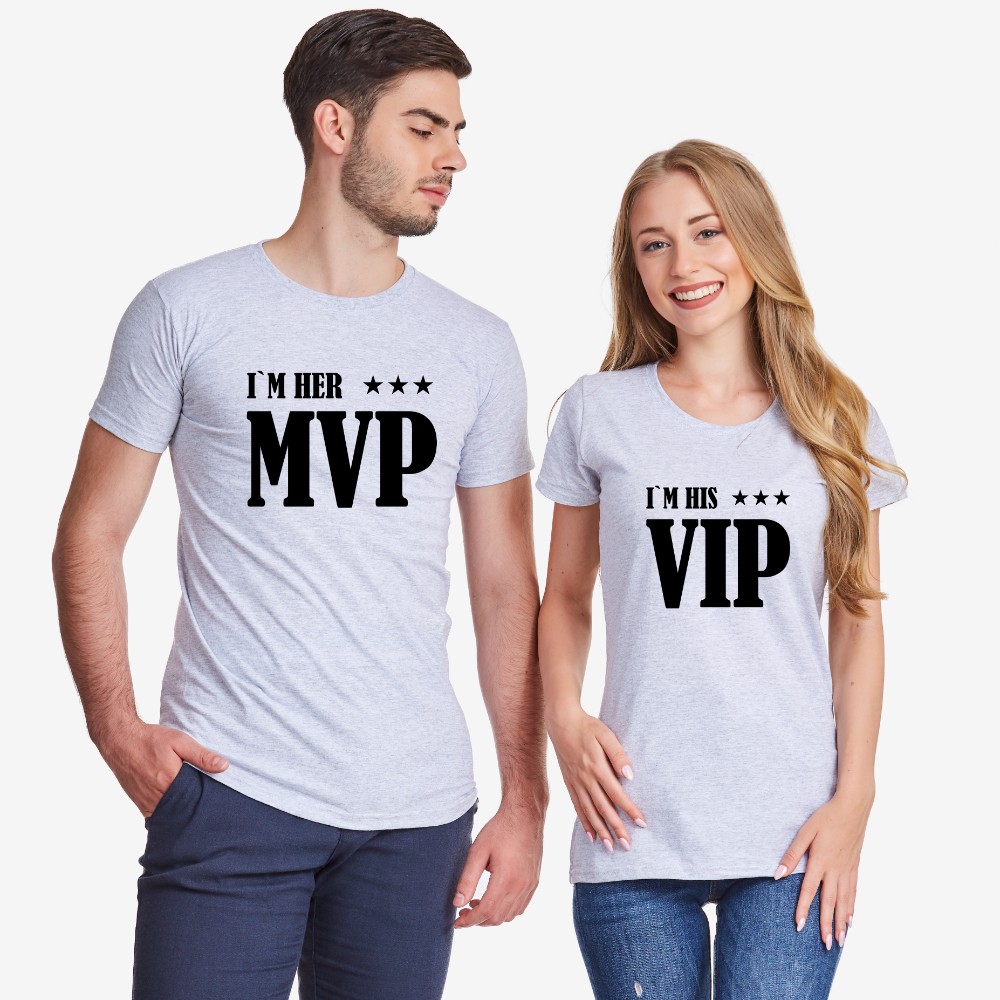 Тениски за двойки в сиво Her MVP and His VIP Тениски за двойки в сиво Her MVP and His VIP