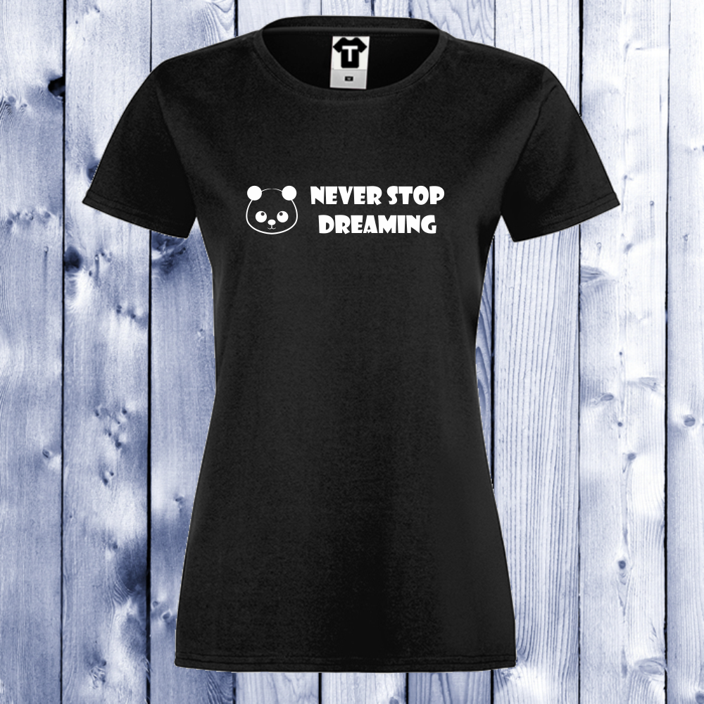 Дамски черни тениски с щампа Never Stop Dreaming Дамски черни тениски с щампа Never Stop Dreaming
