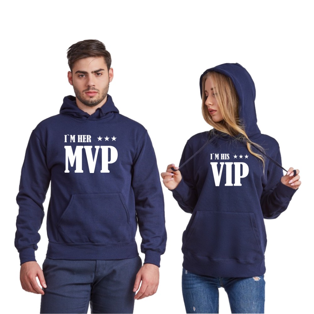 Тъмно-сини суитчери за двойки Her MVP and His VIP Тъмно-сини суитчери за двойки Her MVP and His VIP