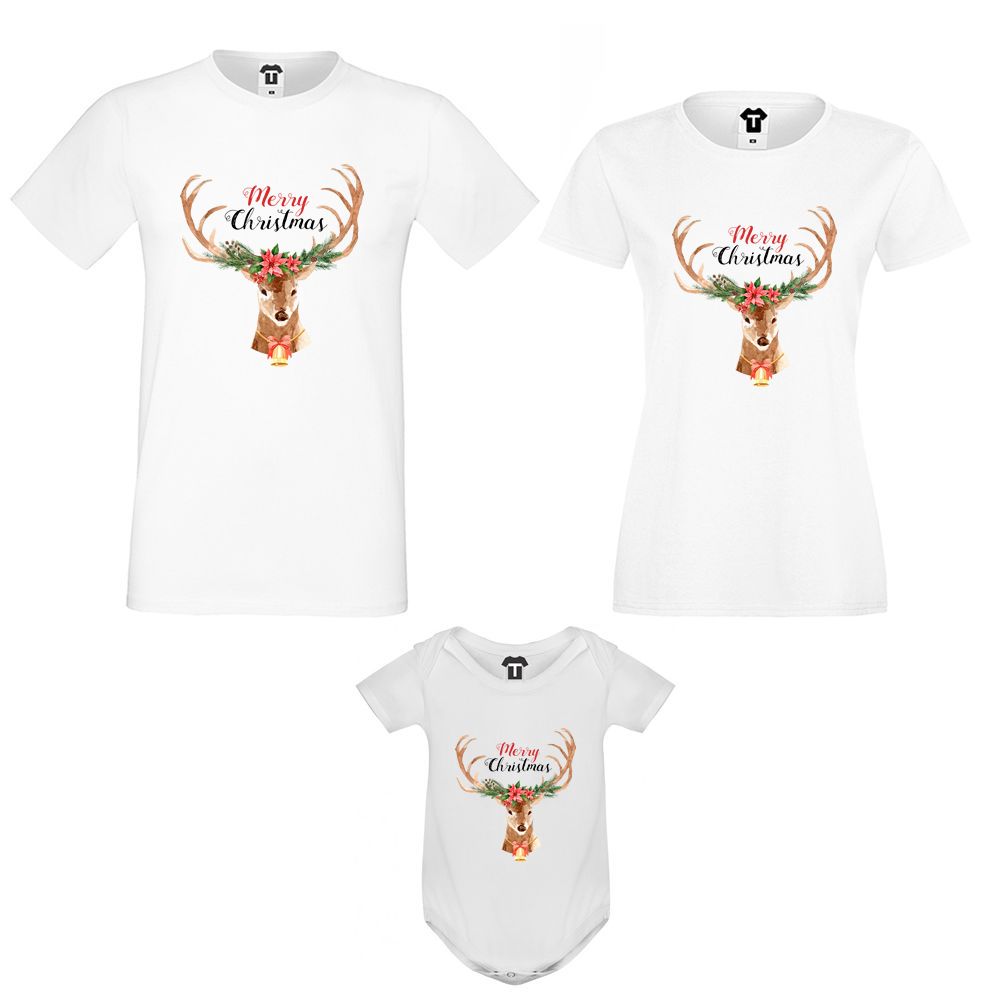 Семеен комплект тениски с бебешко боди Merry Christmas Deer Family
