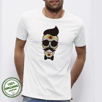 Мъжка бяла тениска от 100% органичен памук Hipster Skull
