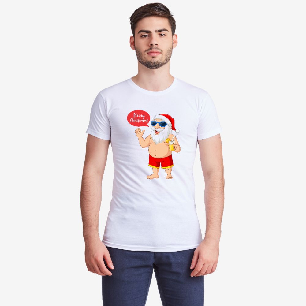 Мъжка тениска от 100% органичен памук в бял цвят Merry Christmas Summer Edition Мъжка тениска от 100% органичен памук в бял цвят Merry Christmas Summer Edition