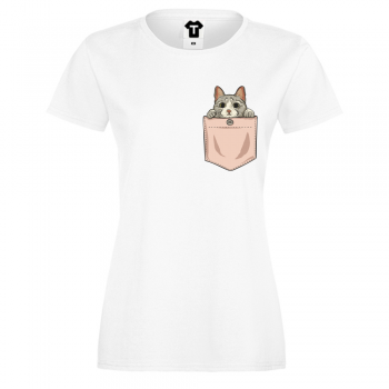 Дамска бяла тениска от 100% органичен памук Cat Pocket