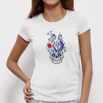 Дамска бяла тениска от 100% органичен памук Colorful Skull Дамска бяла тениска от 100% органичен памук Colorful Skull