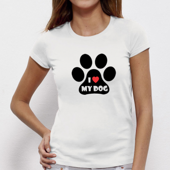 Дамска бяла тениска от 100% органичен памук I LOVE MY DOG Дамска бяла тениска от 100% органичен памук I LOVE MY DOG