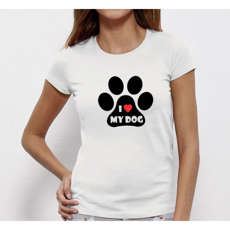 Дамска бяла тениска от 100% органичен памук I LOVE MY DOG