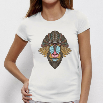 Дамска бяла тениска от 100% органичен памук Tribal baboon Дамска бяла тениска от 100% органичен памук Tribal baboon