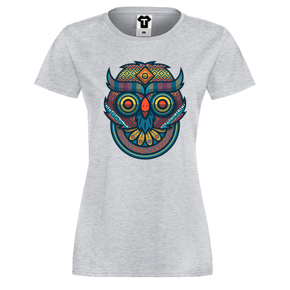 Дамска сива тенискa Tribal owl portrait Дамска сива тенискa Tribal owl portrait