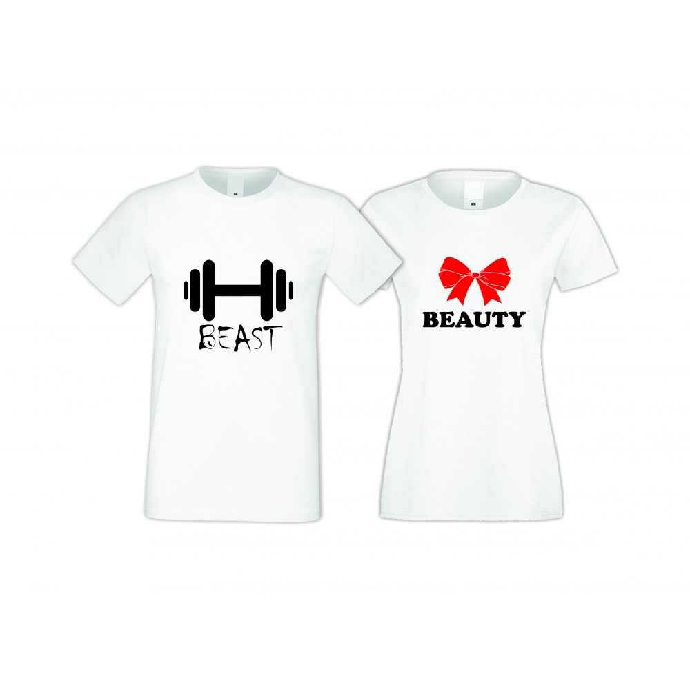 Бели тениски за двойки Beast and Beauty 