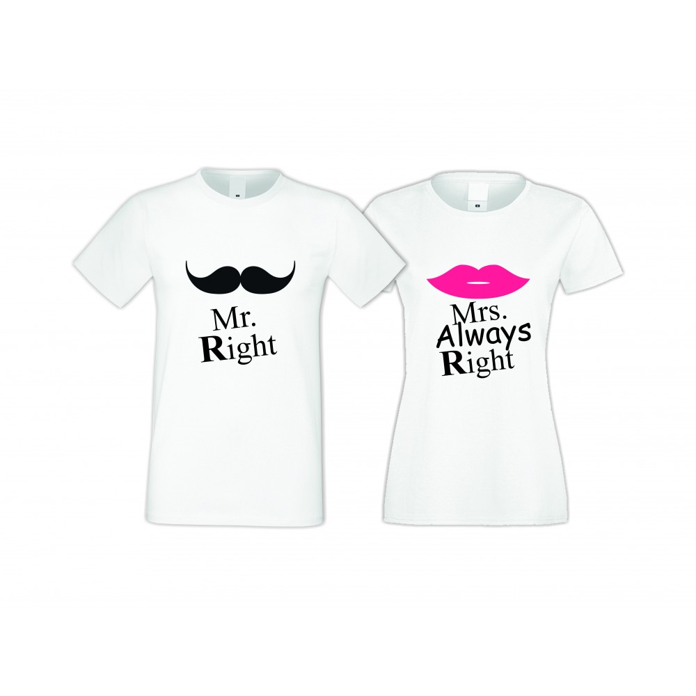 Бели тениски за двойки Mr Right Mrs Always Right Бели тениски за двойки Mr Right Mrs Always Right
