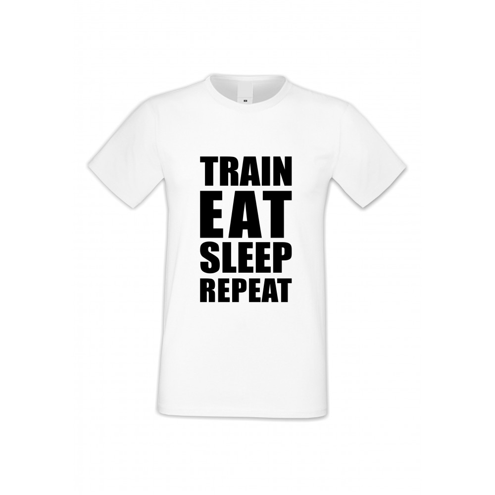 Мъжка бяла тениска Train, Eat, Sleep, Repeat Мъжка бяла тениска Train, Eat, Sleep, Repeat