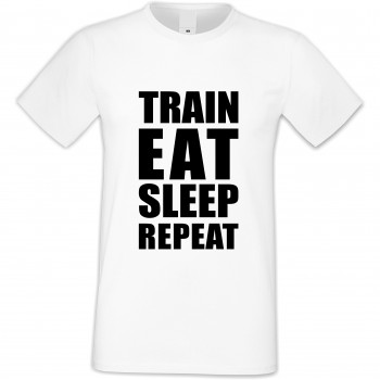 Мъжка бяла тениска Train, Eat, Sleep, Repeat 