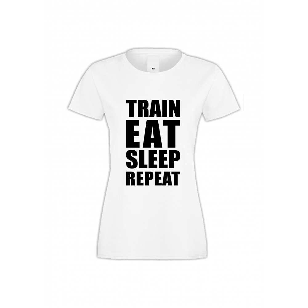 Дамска бяла тениска Train, Eat, Sleep, Repeat Дамска бяла тениска Train, Eat, Sleep, Repeat